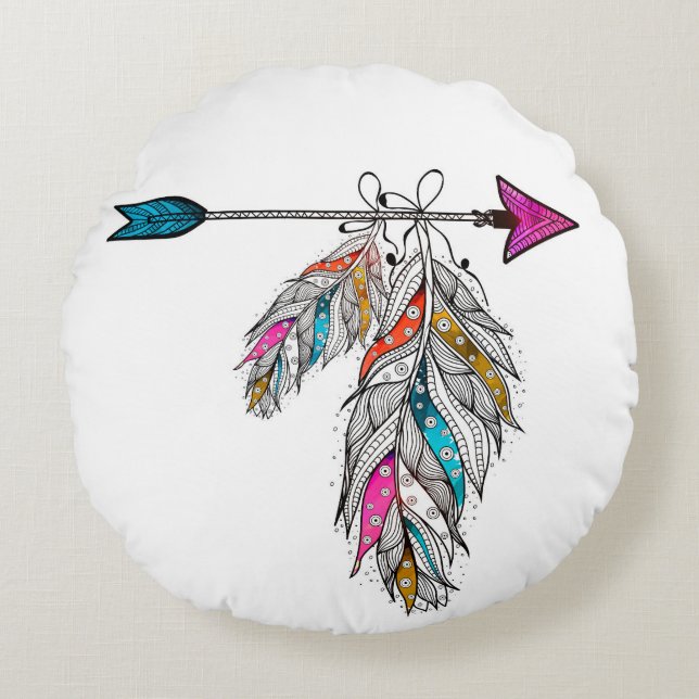 Almofada Redonda penas ornamentais penduradas ao estilo boho (Frente)