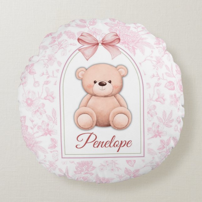 Almofada Redonda Penelope | Design de Enfermeiro de Urso Rosa Perso (Frente)