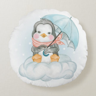 ALMOFADA REDONDA PENGUIM-BEBÊ FOFINHO SENTADO NA NUVEM