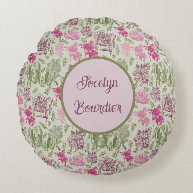 Almofada Redonda Peonia Botânica Personalizada Eucalyptus (Frente)