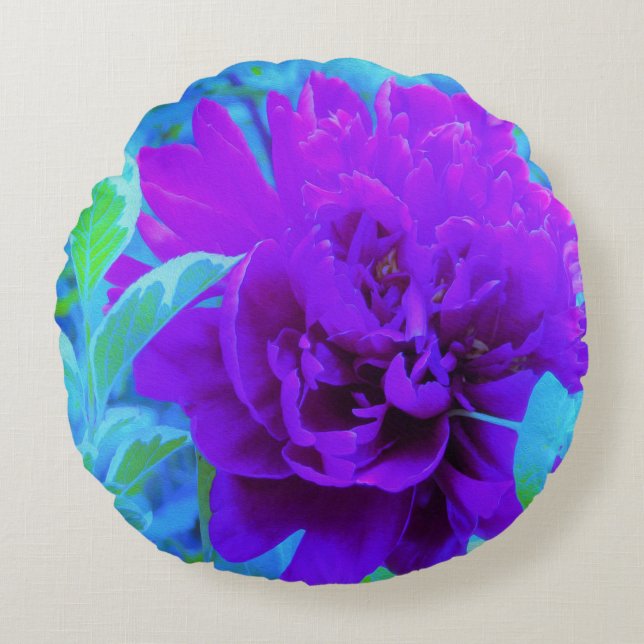 Almofada Redonda Peônia Roxa Temperamental com Folhagem Bonita (Frente)