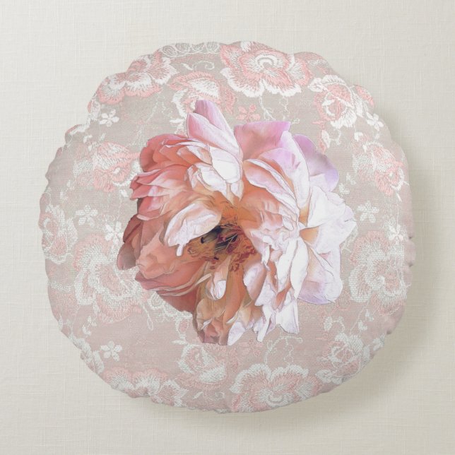 Almofada Redonda Peony no Faux Peach Lace (Frente)