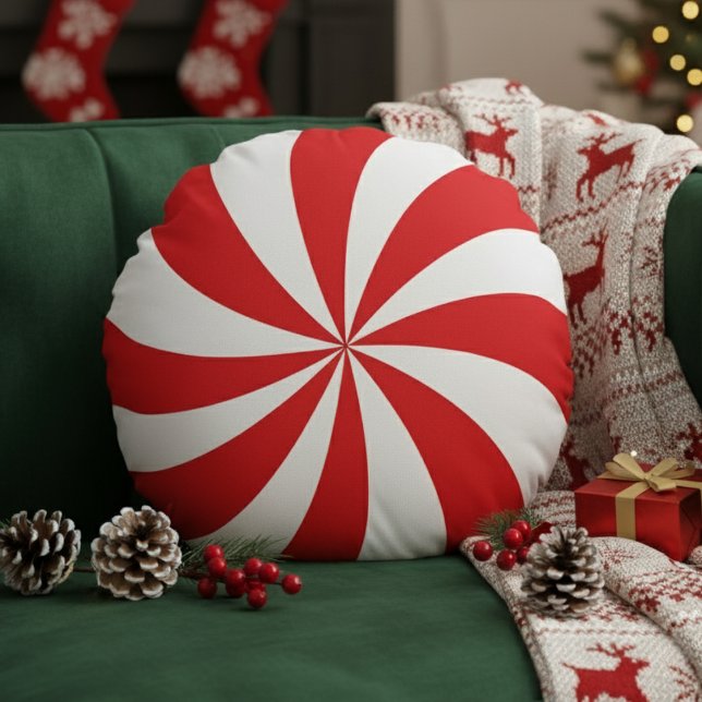 Almofada Redonda Peppermint Candy Swirl Red Christmas Holiday (Peppermint Candy Swirl Red Christmas Holiday Round Pillow
)