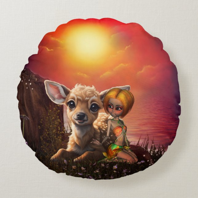 Almofada Redonda Pequena fada e a fada fofa. (Frente)