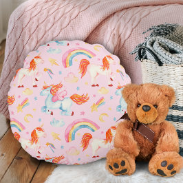 Almofada Redonda Pequena Garota Rosa Pink Unicorn Padrão com Nome