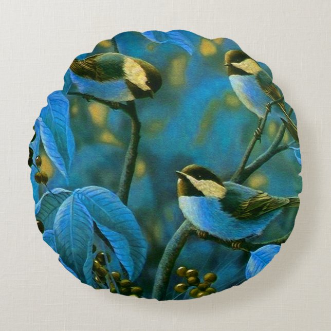 Almofada Redonda Pequenas aves amarelas azuis (Frente)
