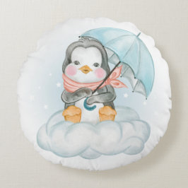 ALMOFADA REDONDA PEQUENO PENGUININO DE BEBÊ CUIDADO SENTADO NA NUVE
