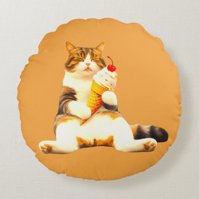 Almofada Redonda Perfeitamente Adormecida – Gato Segurando Casquinh (Frente)