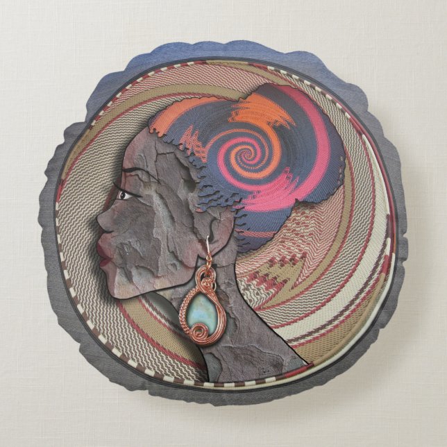 Almofada Redonda Perfil de mulher africana numa cesta tecida (Frente)