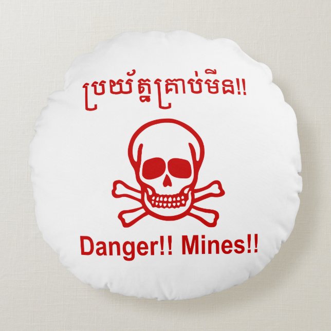 Almofada Redonda Perigo! Minas! ☠ Khmer - Sinal ☠ (Frente)