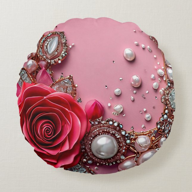 Almofada Redonda Pérolas de Rosa Vermelha para Decoração de Casa (Frente)