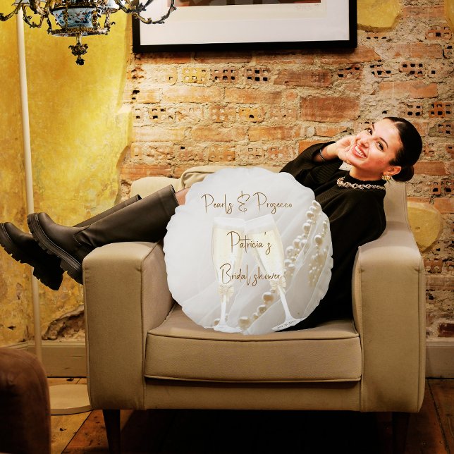 Almofada Redonda Pérolas & Prosecco Chá de Noiva Moderno e Elegante (Criador carregado)