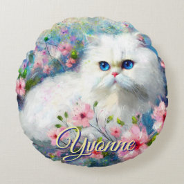 Almofada Redonda Persian Cat Blue Eyes in Pink Flowers Personalized