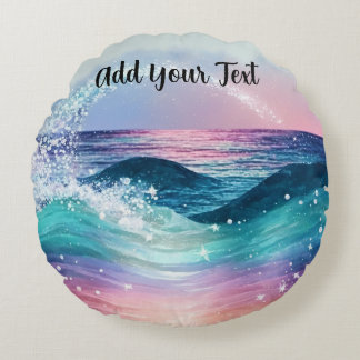 Almofada Redonda Personalizada Aquarela Azul Onda Oceânica Foto com