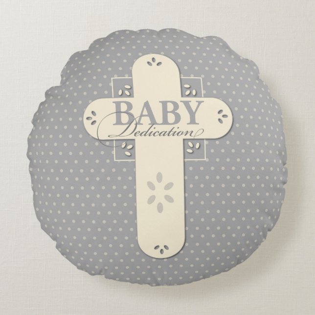 Almofada Redonda Personalize, Dedicação de Bebê Creme e Cruz Cinza (Frente)