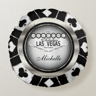 Almofada Redonda Personalize o chip de pôquer preto e branco