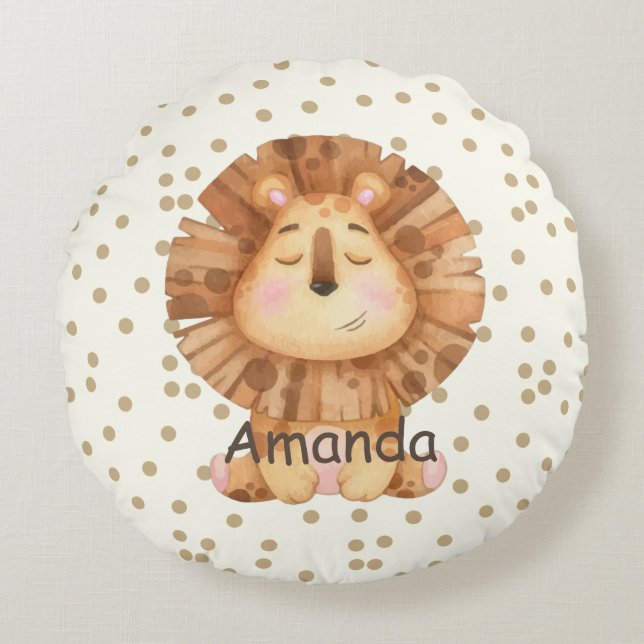 Almofada Redonda Personalize o quarto de bolinhas de leão fofo (Frente)