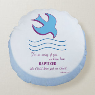 Almofada Redonda Personalize, pomba do batismo adulto em azul