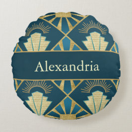 Almofada Redonda Personalized Art Deco Teal & Gold Geometric Name