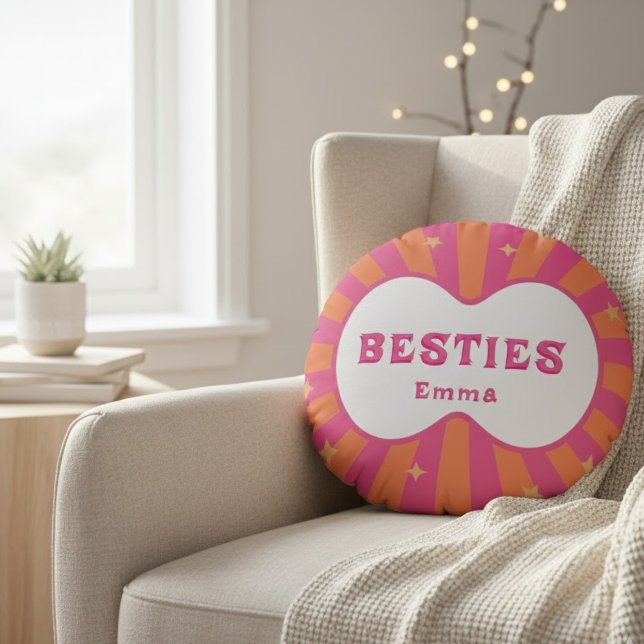 Almofada Redonda Personalized Besties Name Pink Orange Retro Round  (Criador carregado)