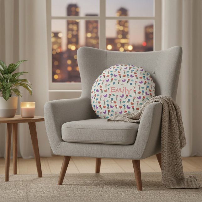 Almofada Redonda Personalized Hand-Drawn Folk Art Floral  (Criador carregado)