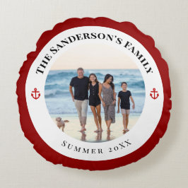 Almofada Redonda Personalized Photo in Black Circle with Red Anchor
