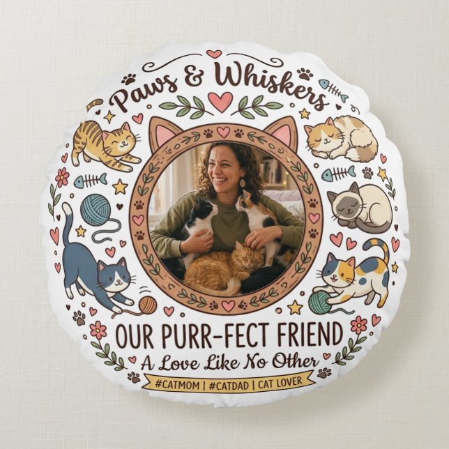 Almofada Redonda Personalized Photo Pillow For Cat Mom (Frente)