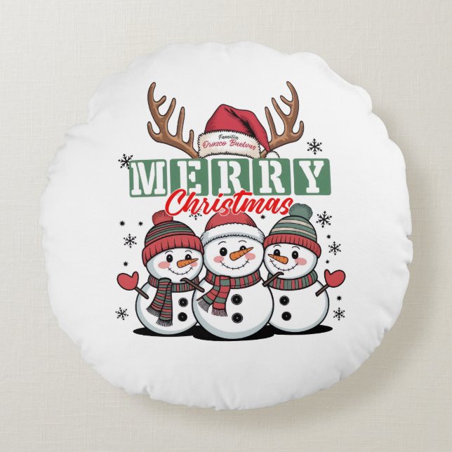 Almofada Redonda Personalized Snowman Trio Round Pillow  (Frente)