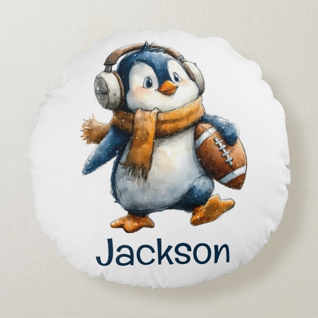 Almofada Redonda Personalized Winter Penguin Football Kid (Frente)