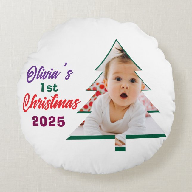 Almofada Redonda Personlized Photo Olivia's 1st Christmas Tree  (Frente)