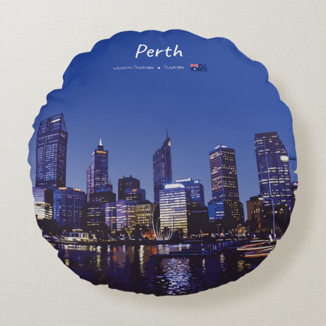 Almofada Redonda Perth, Austrália - Silhueta da Cidade à Noite (Frente)
