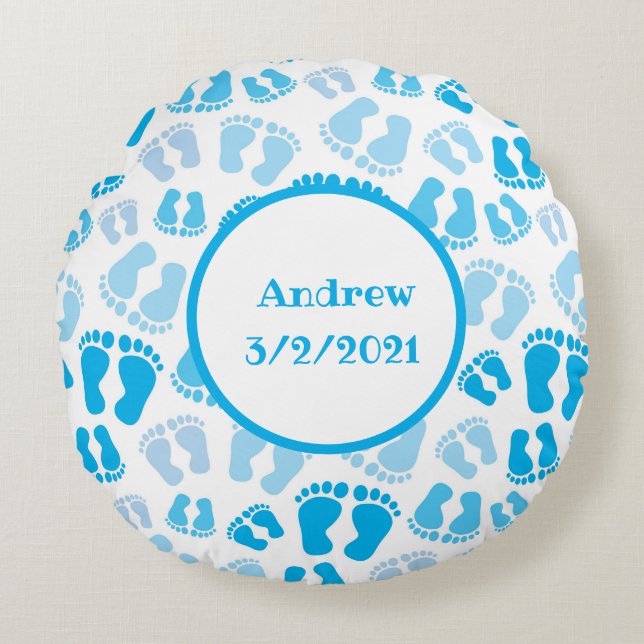 Almofada Redonda Pés de Bebê Menino Azul Personalizado (Frente)