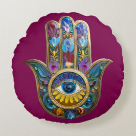 Almofada Redonda Pétalas Coloridas Folhas Hamsa Safira Terceiro Olh