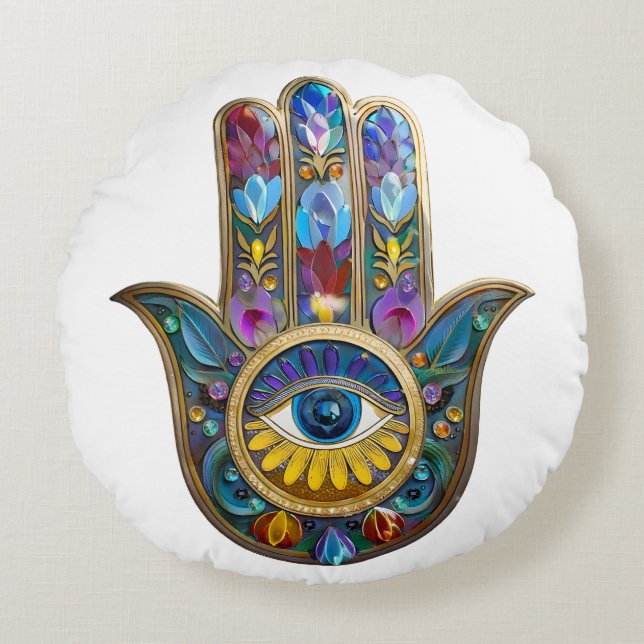 Almofada Redonda Pétalas Coloridas Folhas Hamsa Safira Terceiro Olh (Frente)