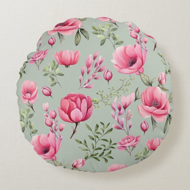 Almofada Redonda Pétalas de Prado Rosado em Flor (Frente)