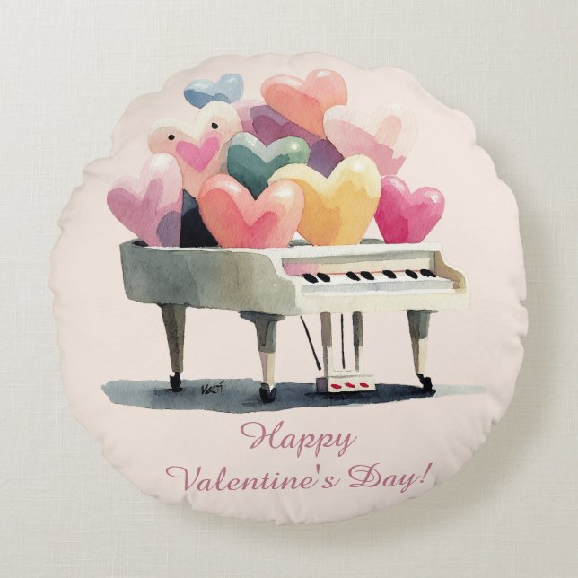 Almofada Redonda Piano of Love Hearts Valentine's Day (Frente)