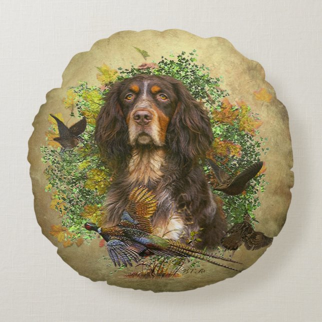 Almofada Redonda Picardy Spaniel, época de caça (Frente)