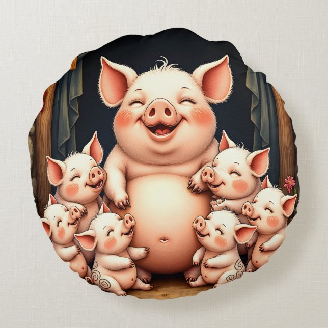 Almofada Redonda  Pig Art – Mother & Piglets (Verso)