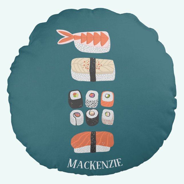 Almofada Redonda Pilha de Nome Personalizado Sushi (Japanese sushi personalized teal green round pillow or cushion)