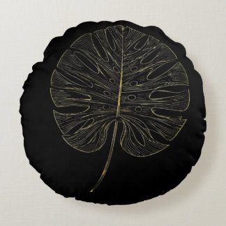 Almofada Redonda Pillow Luxe Gold Monstera Leaf Botanical Decor
