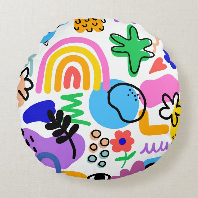 Almofada Redonda pillows with colorful abstract designs (Frente)