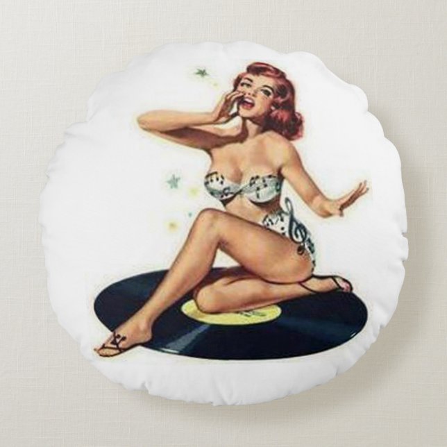Almofada Redonda Pin Up Girl on Record Round Travesseiro (Frente)