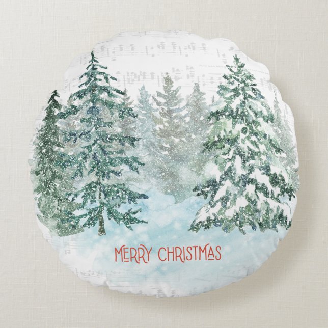 Almofada Redonda Pine de Natal da Música de inverno (Frente)