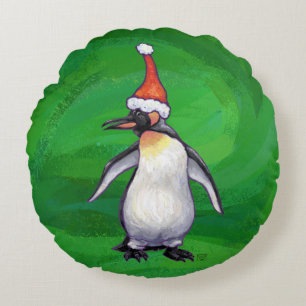 Almofada Redonda Pinguim bonito em Santa Chapéu em Verde