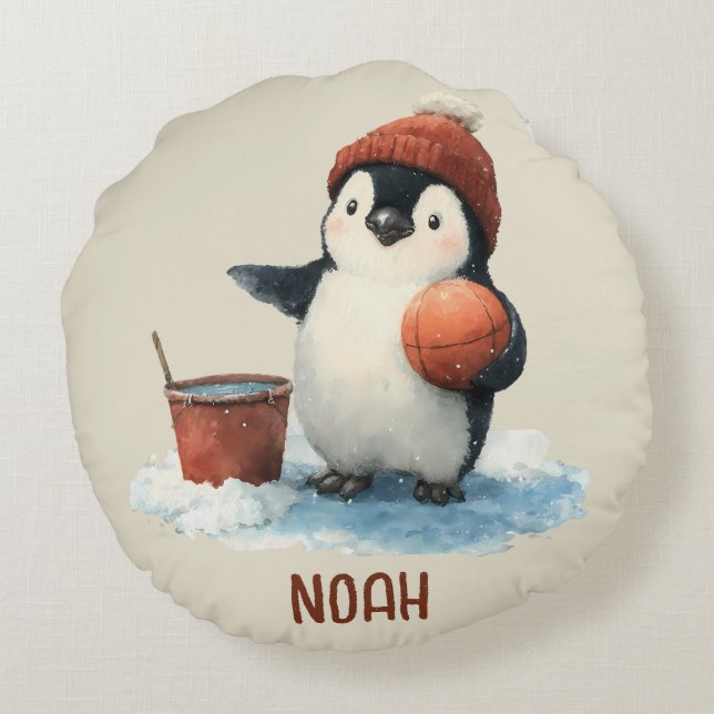 Almofada Redonda Pinguim de Basquete de Inverno Personalizado para  (Verso)