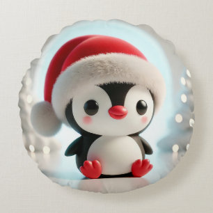 Almofada Redonda Pinguim de Desenho Animado Alegre Usando Chapéu de