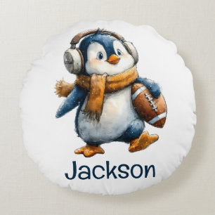 Almofada Redonda Pinguim de Futebol de Inverno Personalizado para C