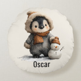 Almofada Redonda Pinguim de Inverno com Desenho de Boneco de Neve