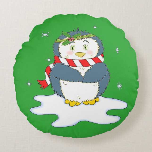 Almofada Redonda Pinguim de Natal Adorável (Frente)