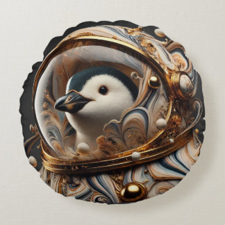 Almofada Redonda Pinguim em uma roupa de arte cósmica"